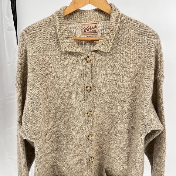 Woolrich Womens Longline Wool Sweater Size XL Heathered Tan Button Down Pockets - Picture 2 of 9